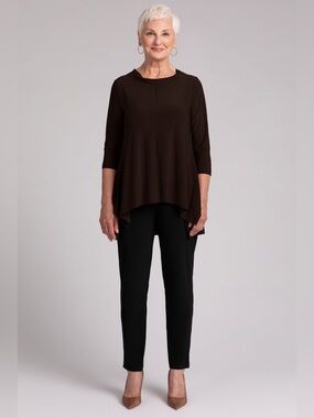 Sympli Flounce Top with Wide Funnel Collar 3/4 Sleeve Brown